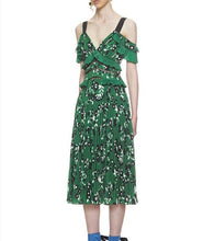 Load image into Gallery viewer, Boho Cold Shoulder Green Floral Printed Backless Dress