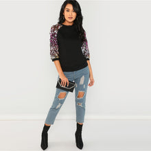 Load image into Gallery viewer, Sequin Colorblock 3/4 Length Raglan Sleeve Sweatshirt