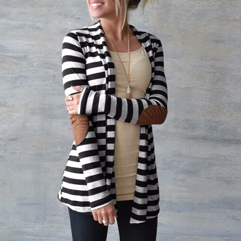 Long Sleeves Striped Cardigan Elbow Patchwork