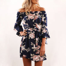 Load image into Gallery viewer, Off Shoulder Floral Print Chiffon Dress Boho Style
