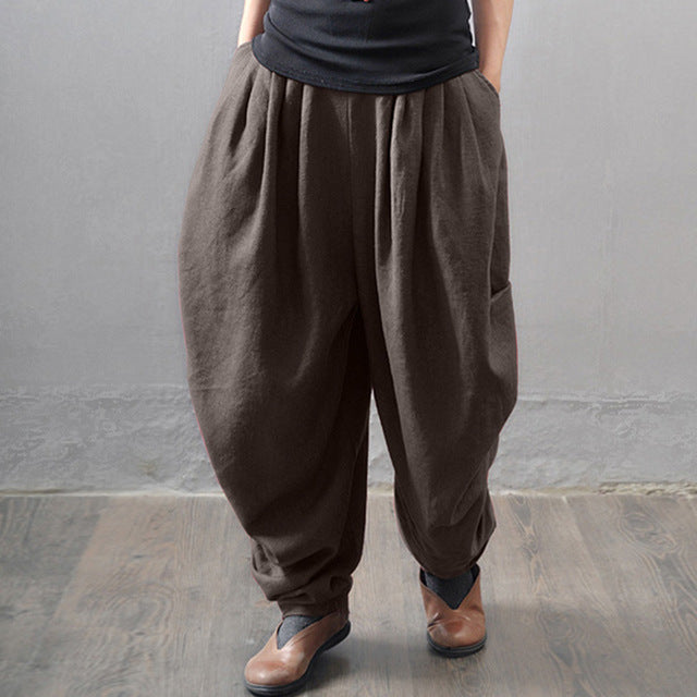Elastic Waist Pockets Solid Cotton Linen Baggy Wide Leg Pants