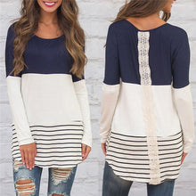 Load image into Gallery viewer, Back Lace Striped Long Sleeve Blouse
