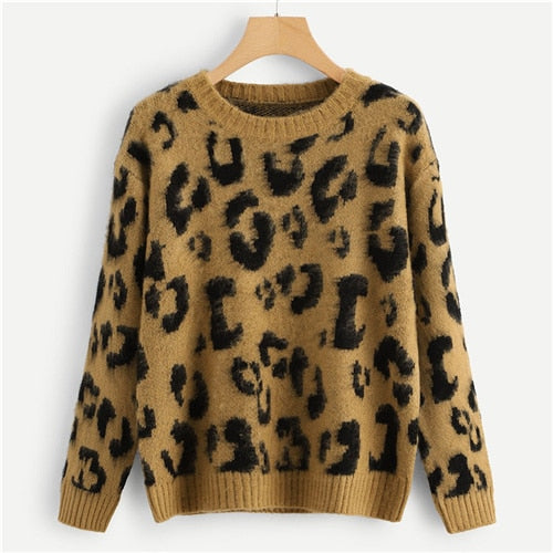 Leopard Print Fuzzy Round Neck Pullover Sweater