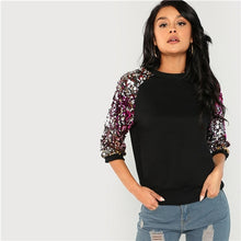 Load image into Gallery viewer, Sequin Colorblock 3/4 Length Raglan Sleeve Sweatshirt
