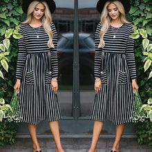 Load image into Gallery viewer, Long Sleeve Striped Elegant Dress With Pockets
